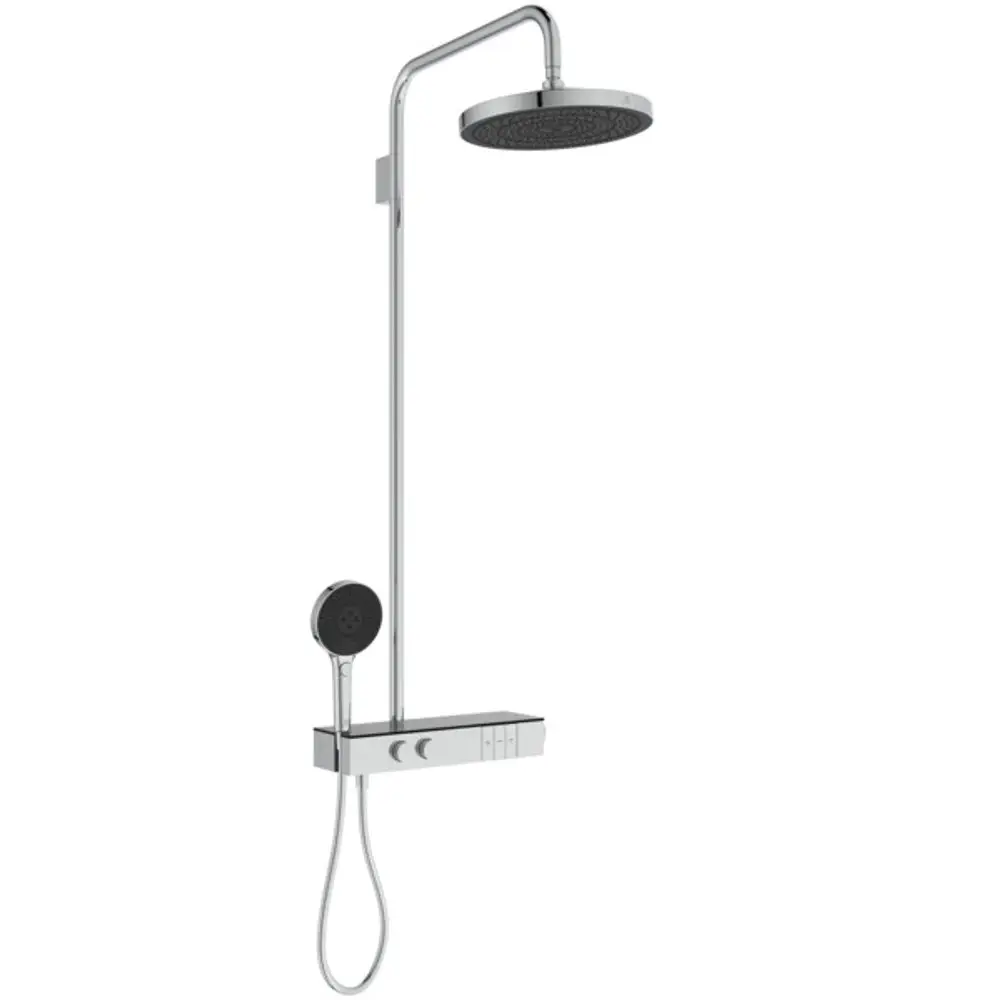 Duschsystem von Ideal Standard mit Brausethermostat und regenspendendem Duschkopf. Handbrause an flexiblem Schlauch montiert, Steuerung über zwei Drehknöpfe.